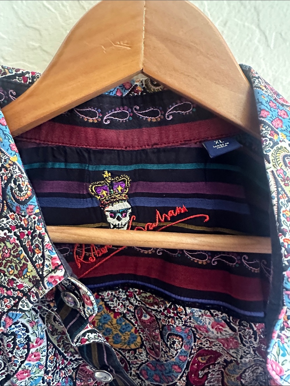 Embroidered Skull Crown Button-Up Shirt in Multicolor Paisley